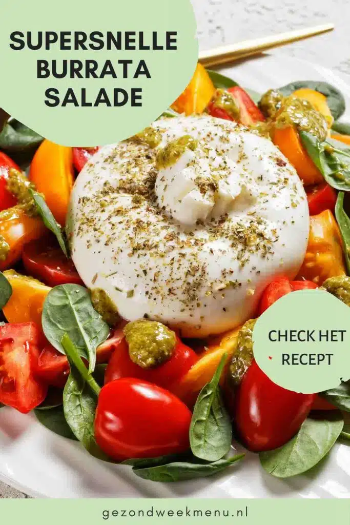 Deze snelle burrata salade met pesto is perfect als lunch, voorgerecht of lichte avondmaaltijd. Je maakt dit burrata recept met perzik, tomaatjes en pesto. 