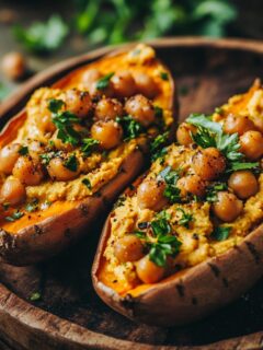 Gevulde Zoete Aardappel met Hummus en Geroosterde Kikkererwten
