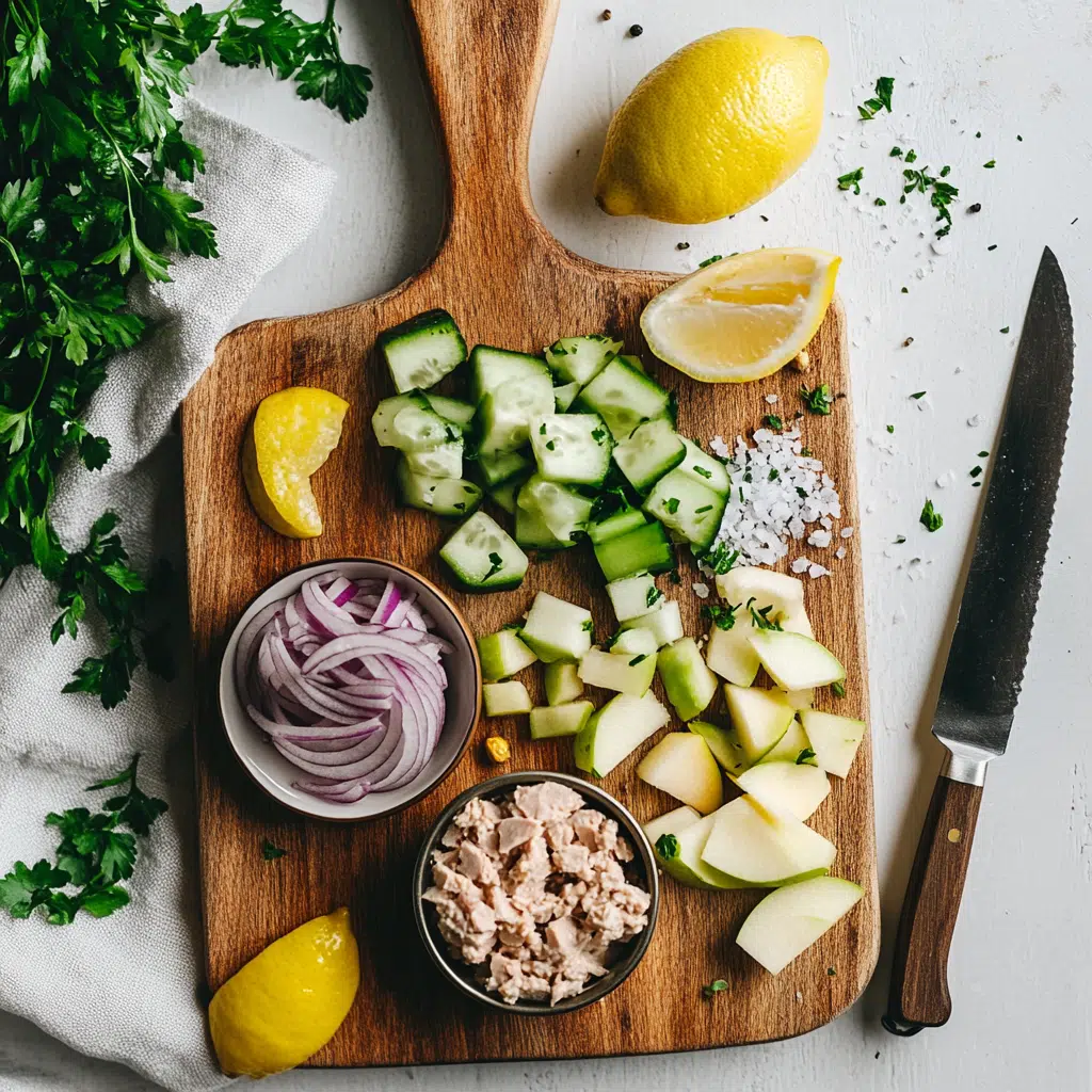 Alle ingrediënten voor een frisse tonijnsalade op een snijplank, mooi uitgelegd. rode ui, citroen, tonijn, appel en komkommer