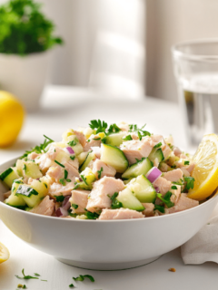 Foto van een witte schaal met tonijnsalade, daar zit een schijfje citroen op en komkommer en sla.