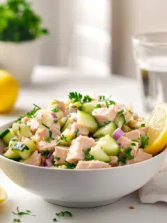 Foto van een witte schaal met tonijnsalade, daar zit een schijfje citroen op en komkommer en sla.