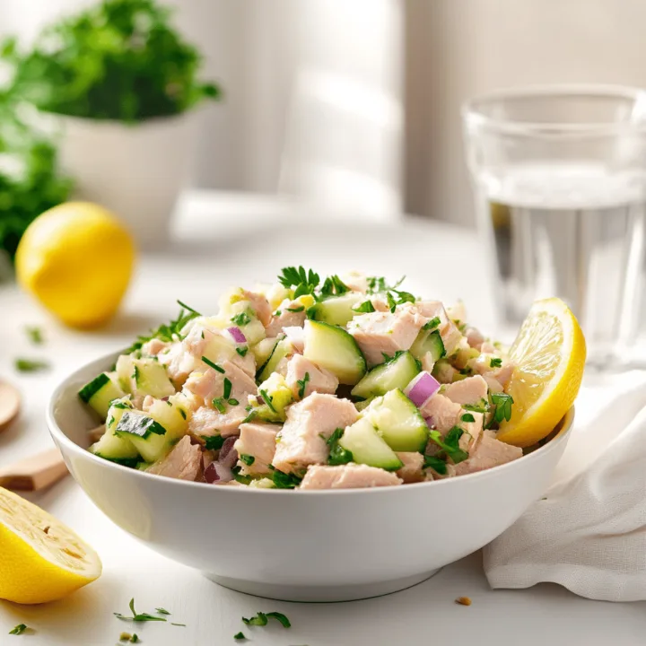 Foto van een witte schaal met tonijnsalade, daar zit een schijfje citroen op en komkommer en sla.