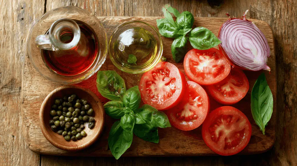 tomaten salade ingredienten op een plank. 