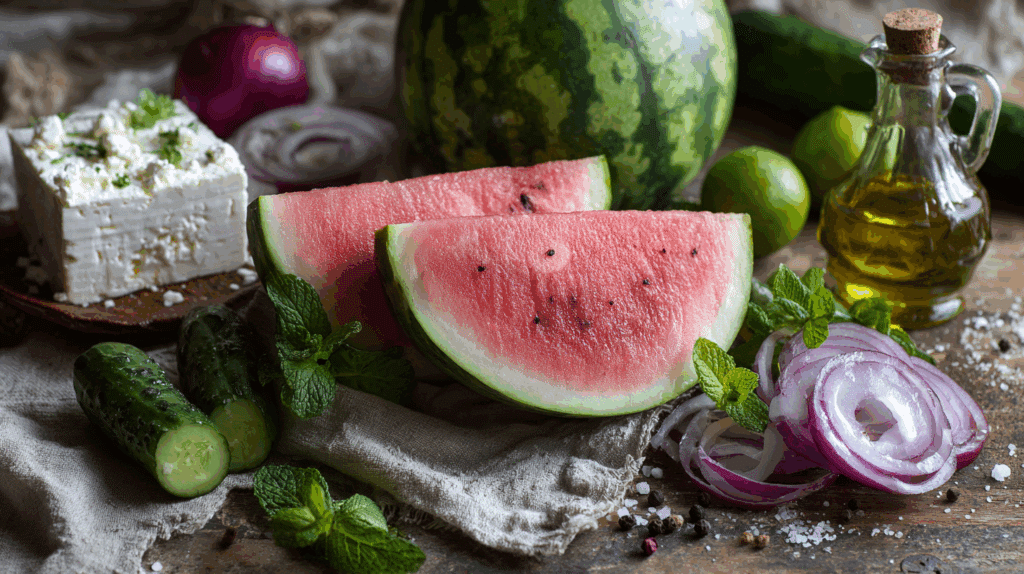 ingredienten om watermeloen salade met feta zelf te maken