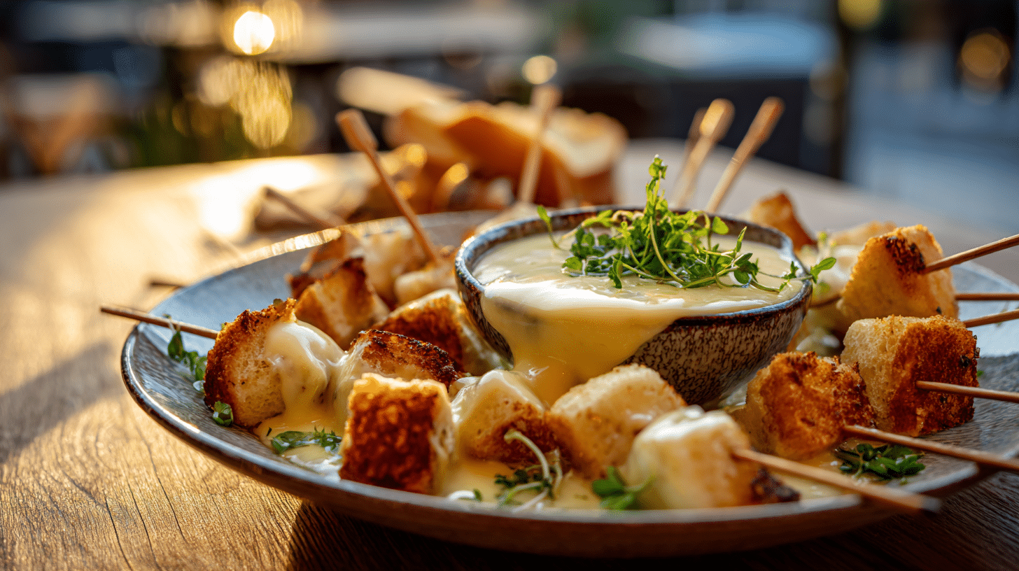 Kaasfondue hapjes op spies