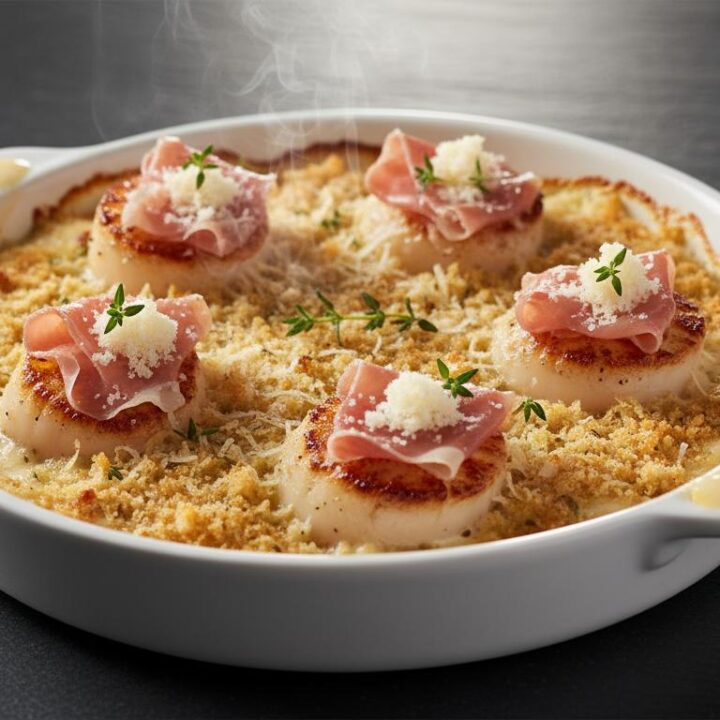 Gegratineerde Coquilles met Parmaham en Tijm
