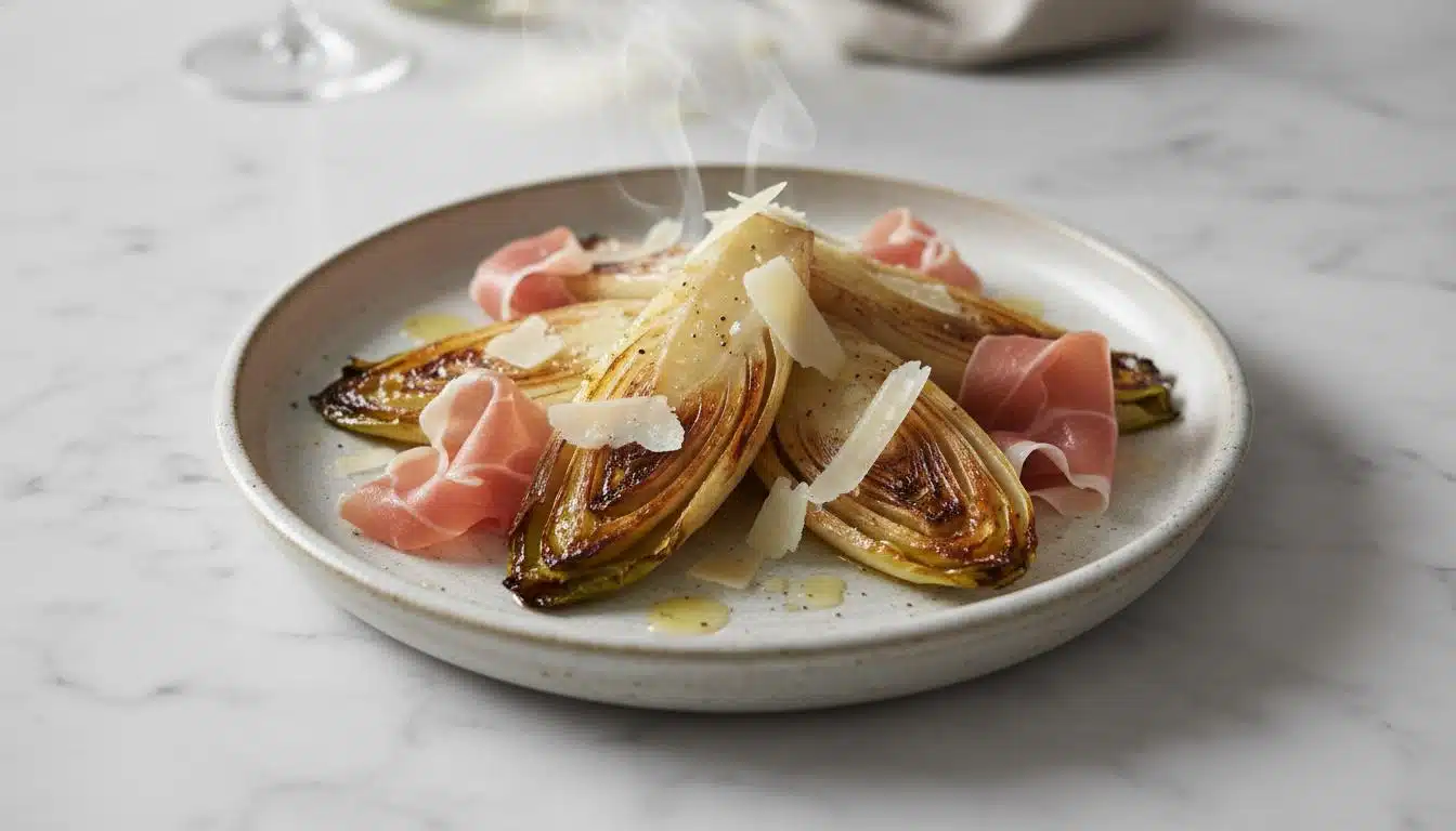 Gekarameliseerde witlof met Parmaham en Parmezaanse kaas
