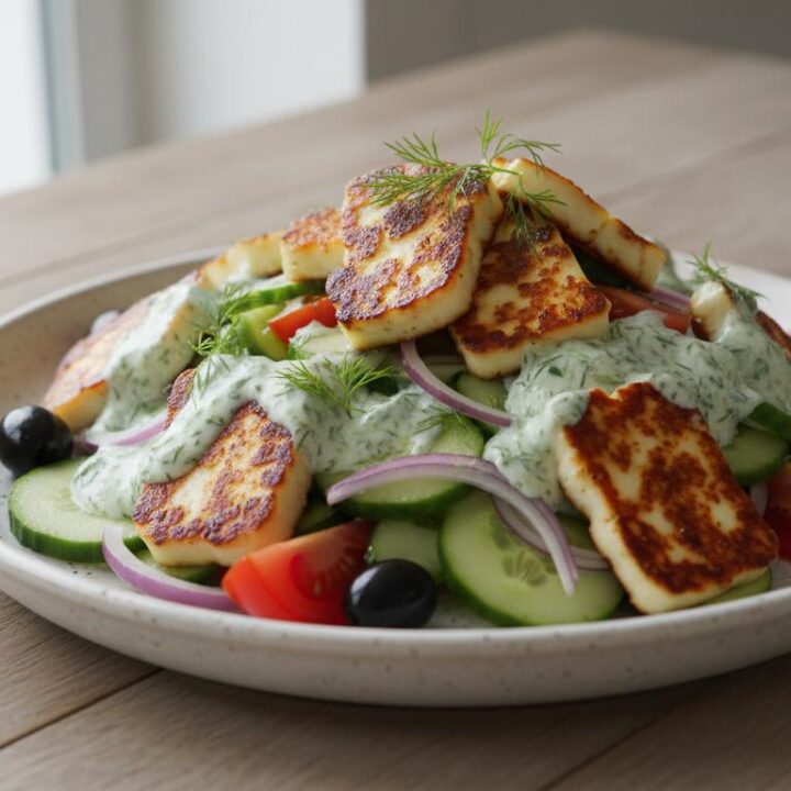Griekse salade met haloumi en dille-yoghurtdressing
