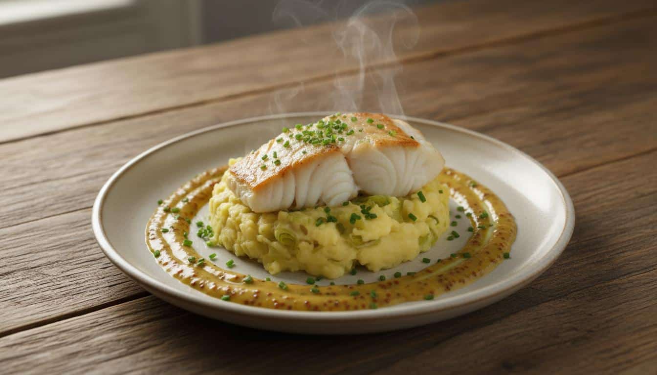 Preistamppotje met kabeljauw en mosterdsaus
