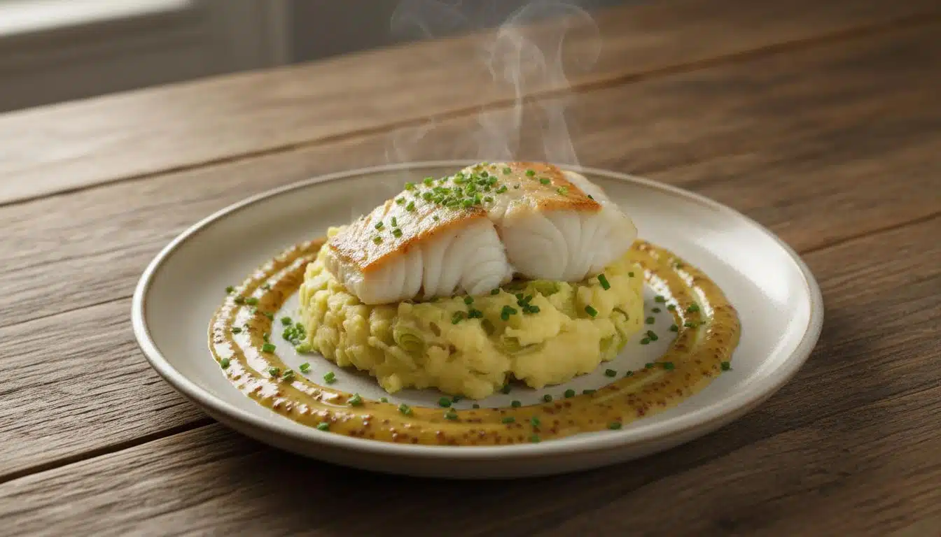 Preistamppotje met kabeljauw en mosterdsaus