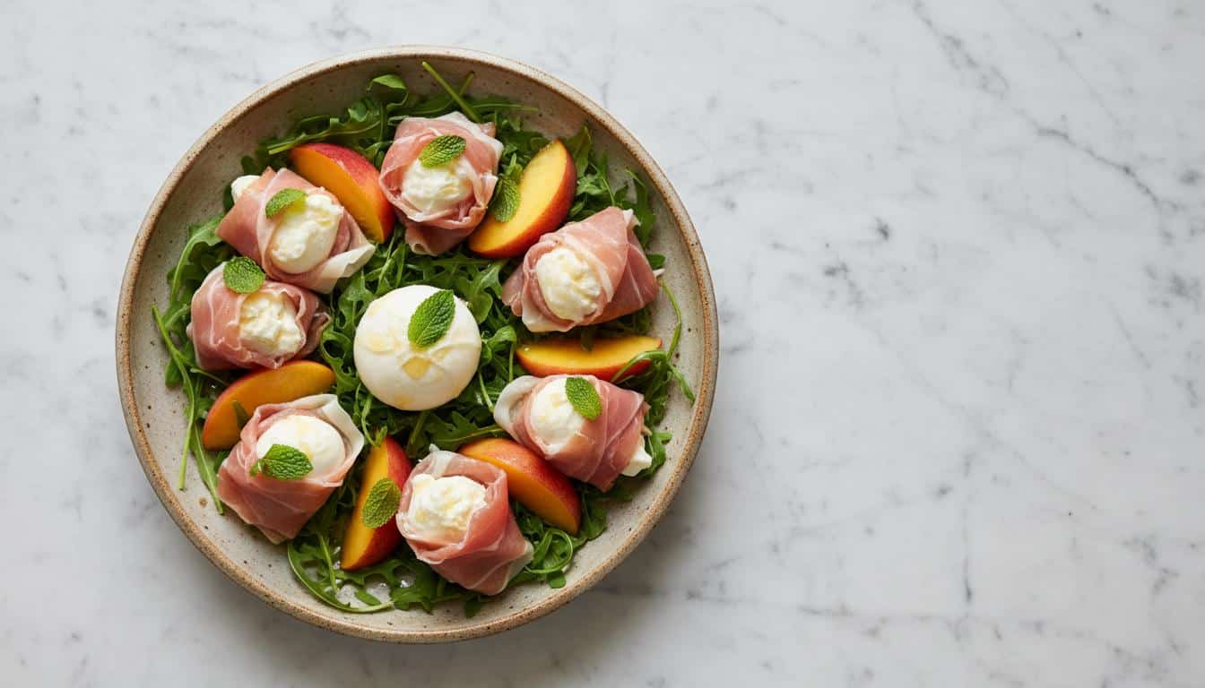 Salade met perzikrolletjes van prosciutto